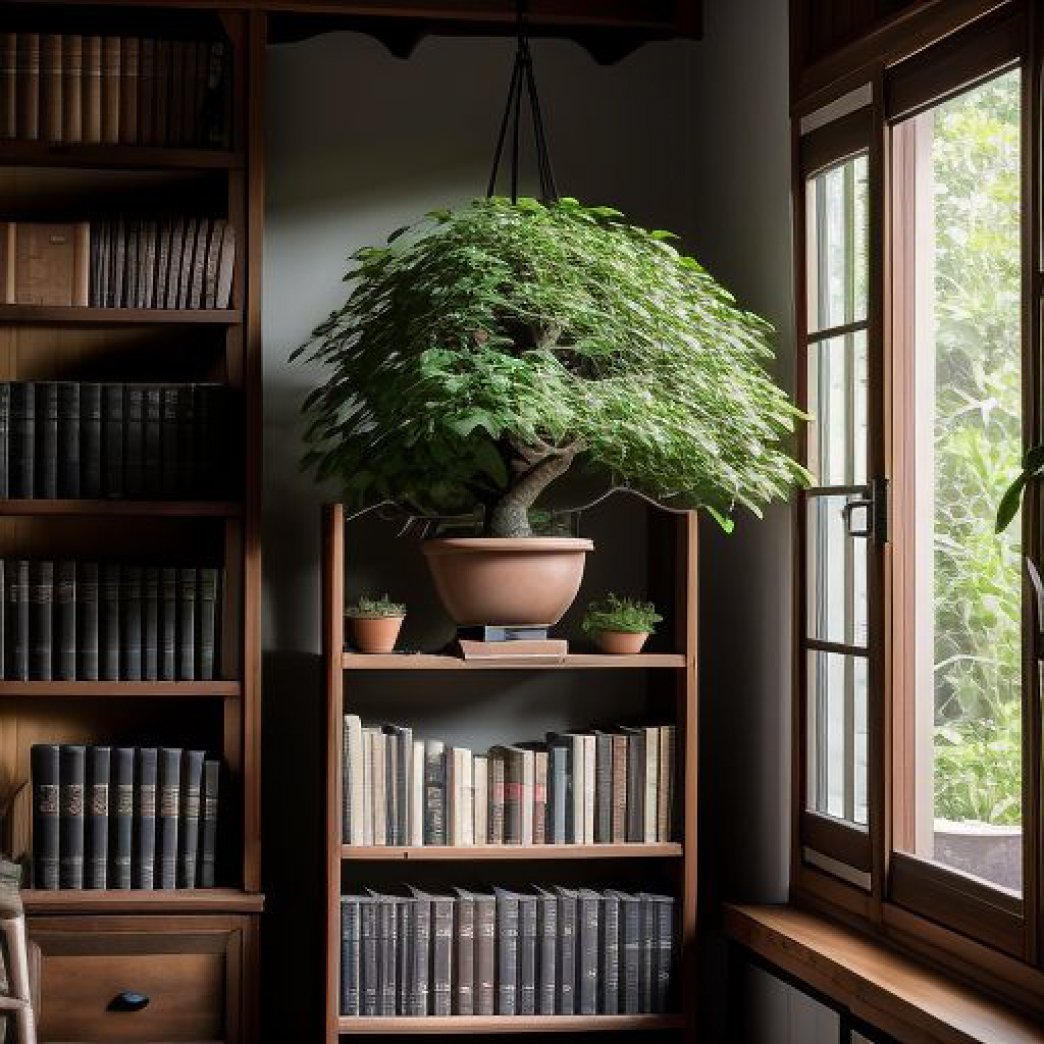 leather bound books and a small bonsai tree